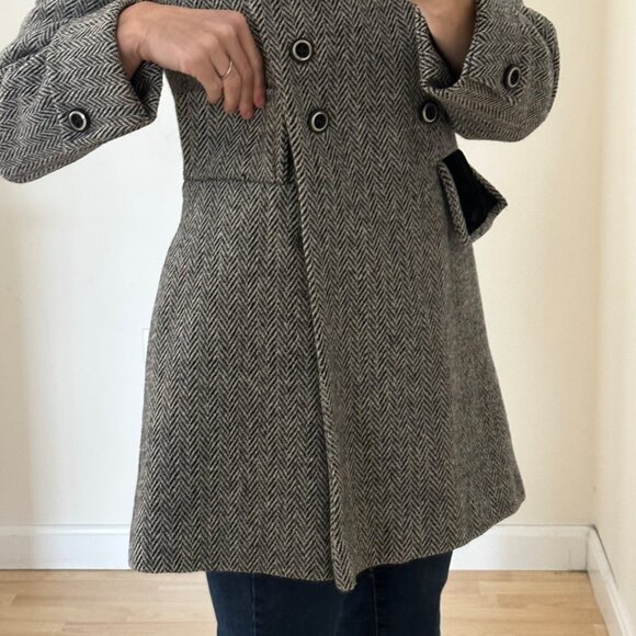 Vintage 60s Mid-Length Velvet Collar Wool-Blend Herringbone Coat - Picture 5 of 10